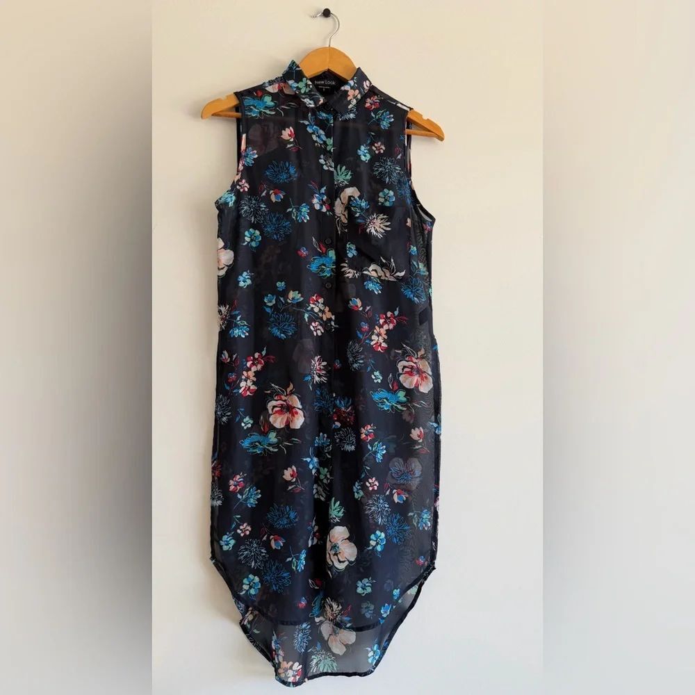 NewLook Size S Sheer Floral Sleeveless Shirt Side Slits Lightweight Flowy Artsy - Picture 9 of 9